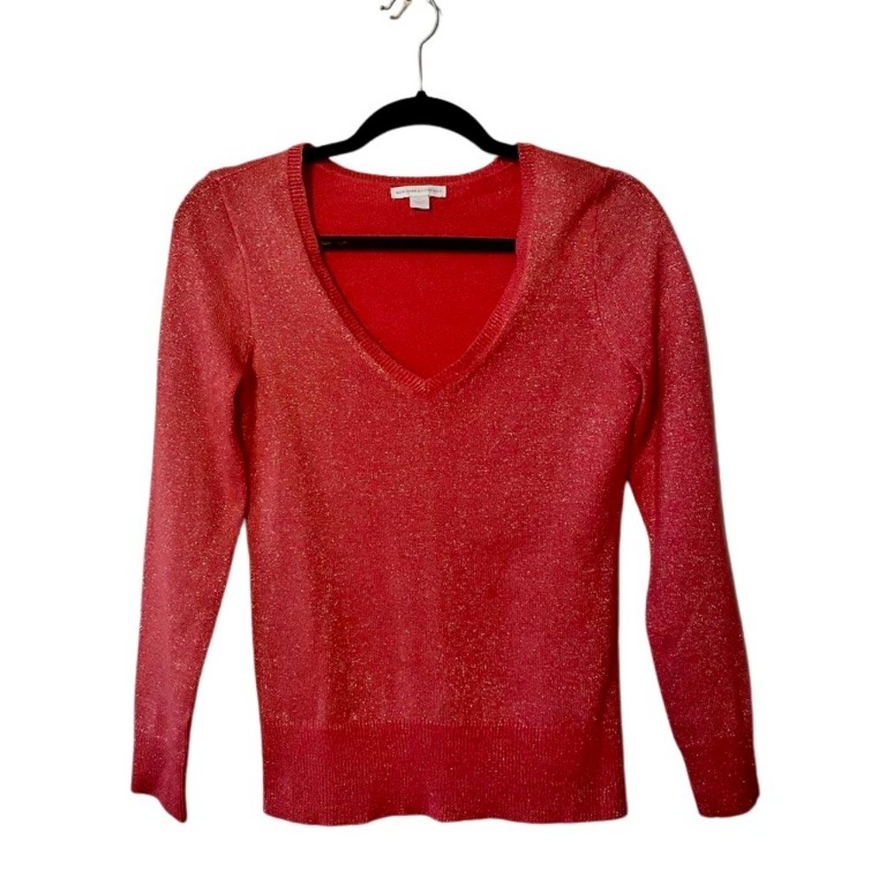 New York & Company | Coral Red Metallic Sparkle V-Neck Holiday Sweater XS